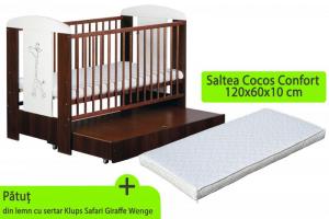 Patut cu sertar KLUPS Safari Giraffe Wenge + Saltea 10 MyKids