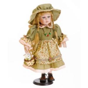 Fata cu rochie cu floricele in nuante de vernil, maron - 40 cm - RF Collection