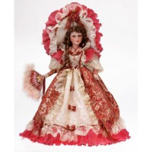 Fata in stil baroc cu rochie in nuante rosu/crem si evantai - 60 cm - RF Collection
