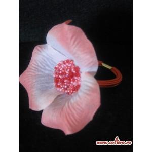 Elastic par cu floare din material textil si margele mici din sticla roz si rosu
