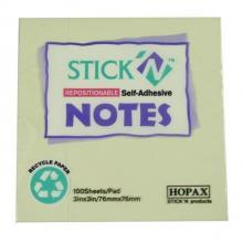 Notes autoadeziv din hartie reciclata, 76x76mm, 100 file, galben pastel, Stickn