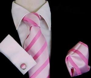 Set cravata, butoni si batista din matase 100% roz cu alb cu dungi Vincenzio Valente