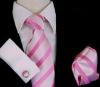 Set cravata, butoni si batista din matase 100% roz cu alb cu dungi