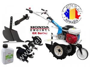 Motocultor motor Honda AGT 5580 GX 200 , 6.5 Cp cu roti pneumatice si plug de bilonat