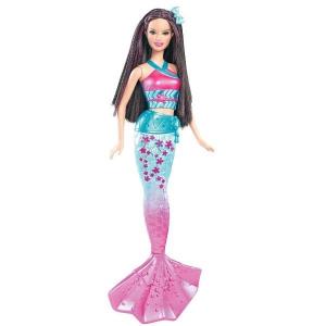 Papusa Barbie Sirena bruneta in costum Bleu Roz OK