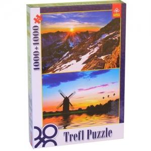 Puzzle dublu cu Varful Rysy din Muntii Tatra si apus de soare de la Trefl