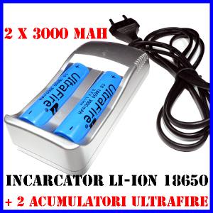 2x Acumulatori 18650 UltraFire de 3000mah + Incarcator Li-ion