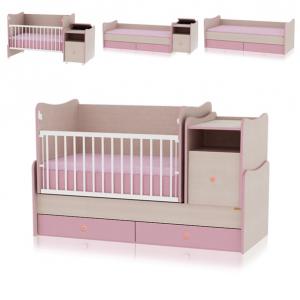 Patut copii 3 in 1 - TREND PLUS Oak/Pink - Sistem de leganare