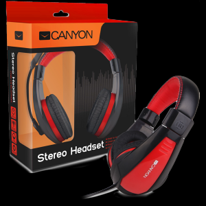 Canyon around-ear USB headset, leather pads, inline remote, black-red