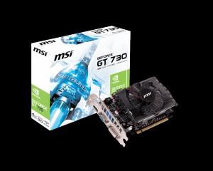 MSI NVidia GeForce GT 730,  4096MB,  DDR3-128 bit,  700MHz Core Clock Speed,  PCI Express x16 2.0,  HDMI/mHDMI/DVI/D-sub/mDisplayPort,  Ma x Resolution 4096x2160,  HDCP Support,  O