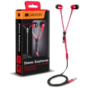 CANYON zipper cable earphones, metal housing, red.