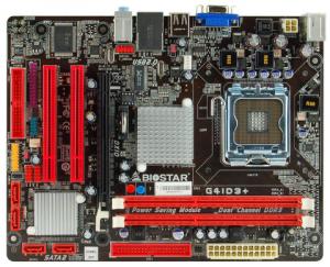 Biostar Intel G41/ICH7,  LGA 775,   2 x DDR3-800/1066/1333(OC) MHz,  1 x PCI-E x16 / 2 x PCI,  4 x SATA2 / 1 x IDE,  6 x USB2.0,  PS/2 Mous e-keyboard/VGA/RJ-45,   Realtek ALC662 6