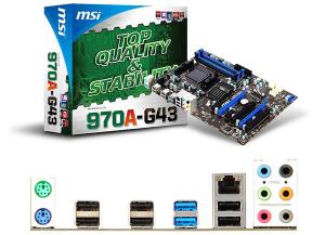 MSI 970A-G43 AMD 970FX+SB950 Sk AM3+ 4xDDR3 1066/1333/1600/1866/2133*(*OC),   Dual Channel,  2xPCI-Ex16/PCI-Ex1/PCI,   6xSATAIII,   LAN 10/ 100/1000*1,  2xUSB 3.0 ports (Rear) / 6x