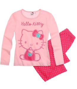 Pijama cu maneca lunga Hello Kitty roz cu buline