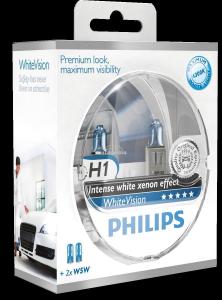 Set 2 becuri Philips H1 WhiteVision 12V 55W + BONUS 2 becuri W5W WhiteVision