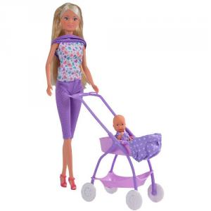 Papusa Steffi Love Baby Walk 29 cm Mov cu Carucior si Accesorii