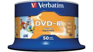 DVD-R Verbatim SL 16X 4.7GB 50PK Spindle Wide Inkjet Printable No ID Brand