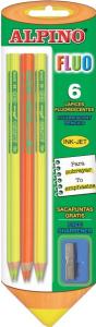 Creioane colorate fluorescente, 6 culori/blister+ascutitoare, ALPINO Fluo