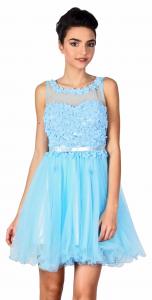 Rochie de ocazie bleu cu flori si perle aplicate 8168BL