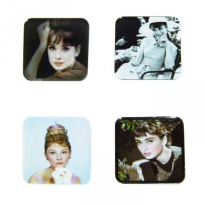 4 Suporturi de pahare din metal si pluta Audrey Hepburn