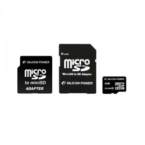 Card memorie Silicon Power Micro SDHC 4096MB +2adaptoare, Class 6, Retail, SP004GBSTH006V30