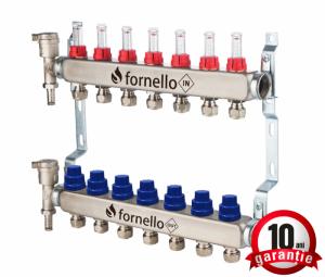 Distribuitor-Colector Fornello, echipat cu debitmetre, robineti si aerisitoare, inox, filet interior, 7 cai, 1 tol