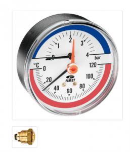 Manometru termometru axial, O80mm, 0 6bar cu ac de referinta rosu, 0 120  C, racord 1 4  , clapeta de sens 1 2  , Fimet - Watts