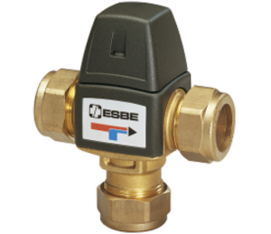 Ventil termostatic de amestec ESBE, cu fitinguri de compresie O15mm pentru teava cupru DN20 kvs1,2 reglare 35 - 60  C, clapeta de sens pentru apa rece integrata in fiting