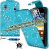 Promotie: Husa flip light blue cu cristale din piele pentru telefon - Samsung Galaxy: S2 - S3/Mini - S4 - Ace